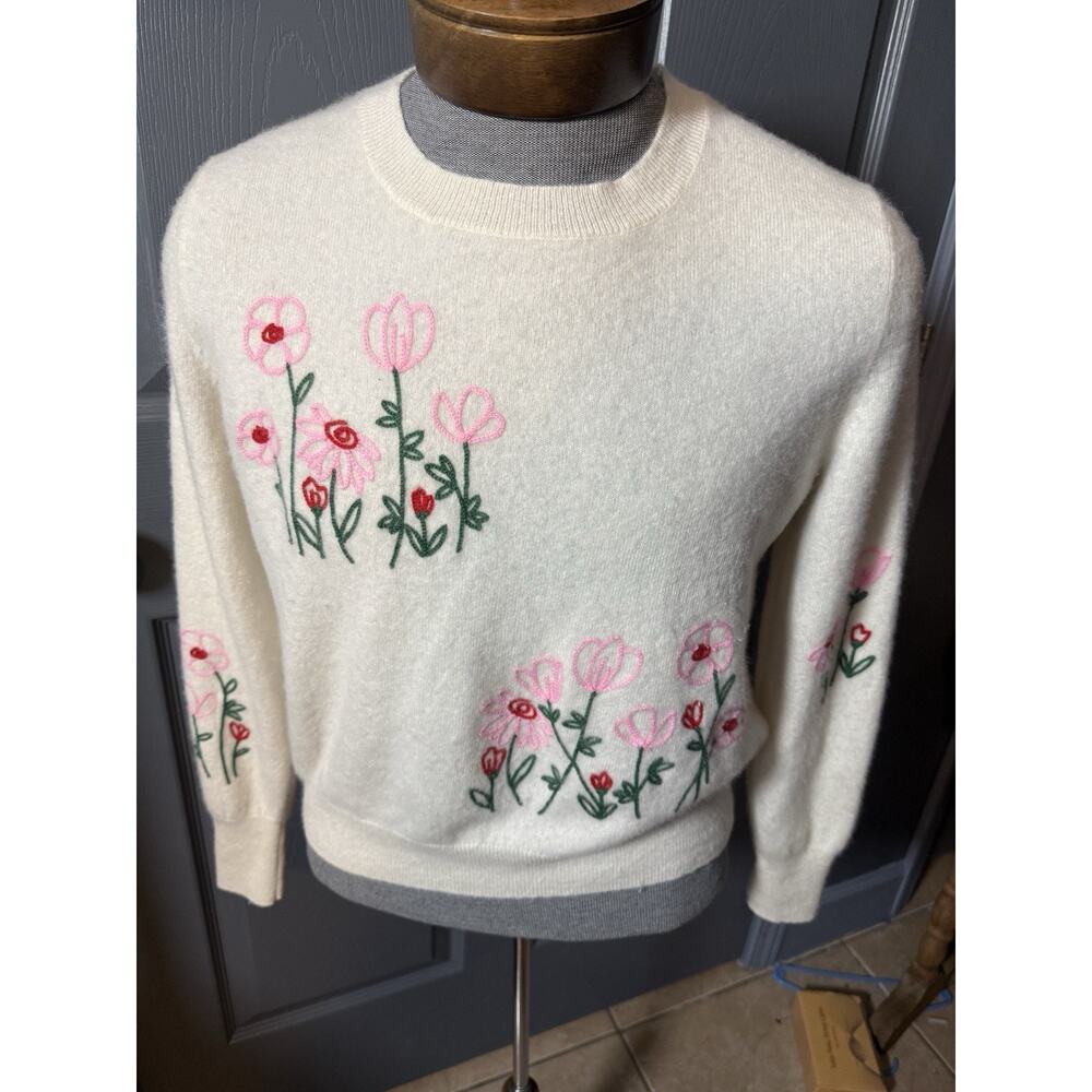 CYNTHIA ROWLEY 100% 2-PLY CASHMERE SWEATER, IVORY W/EMBROIDERED FLOWERS LARGE